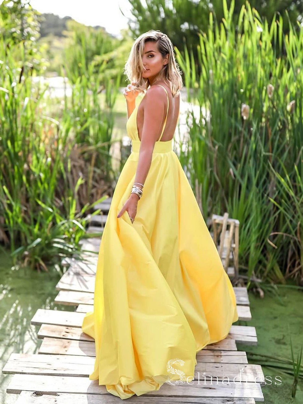 Simple Open Back Yellow Satin Long Prom Dresses with Pocket, Thin Stra —  Bridelily